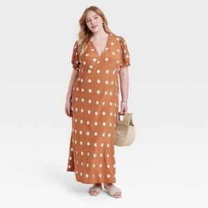 A New Day Brown Puff Sleeve V-Neck Maxi Dress